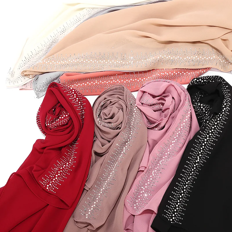 

New Hot Muslim Bubbles Chiffon Scarf Shiny Hijab With Diamond Studs Pearls Scarf Plain Fashion Shawls Wraps Muslim hijab