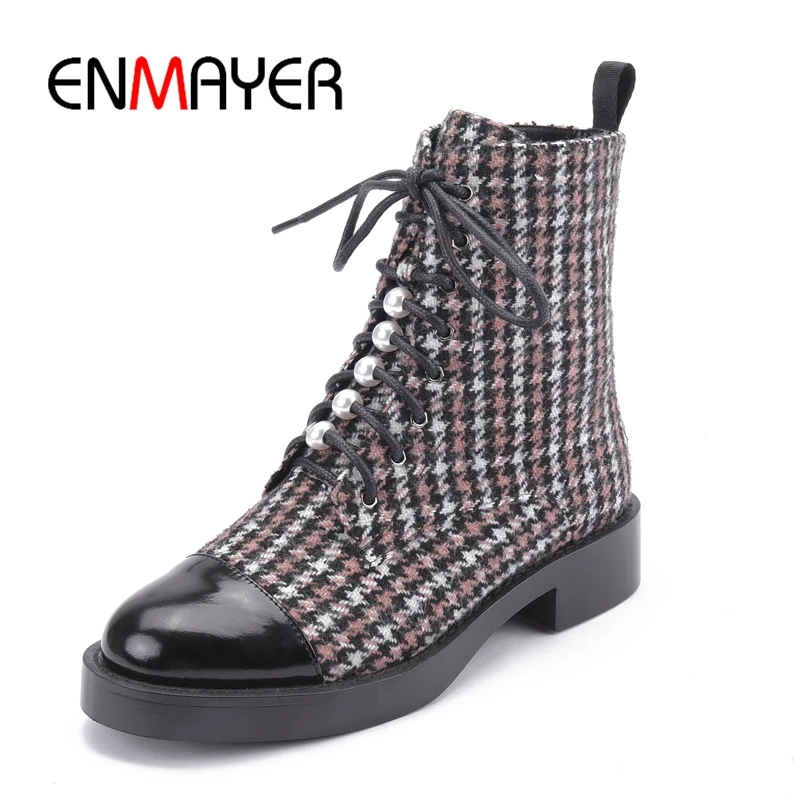 

ENMAYER Round Toe Basic Lace-Up Winter Boots Women Square Heel Booties 2018 Woman Boost Size 34-39 ZYL1670