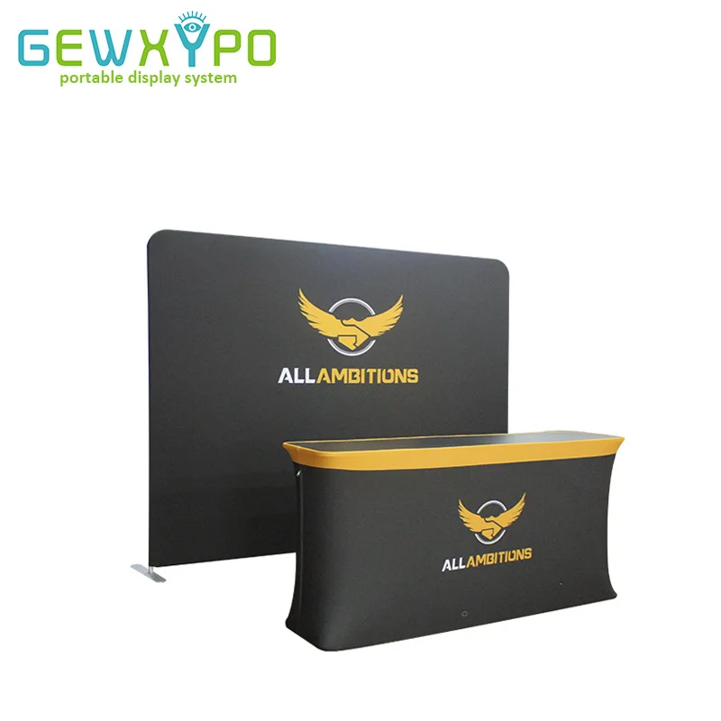 

Exhibition Pop Up Booth High Quality 10ft Tension Fabric Aluminum Tube Display Backdrop Wall With Folding Rectangular Table
