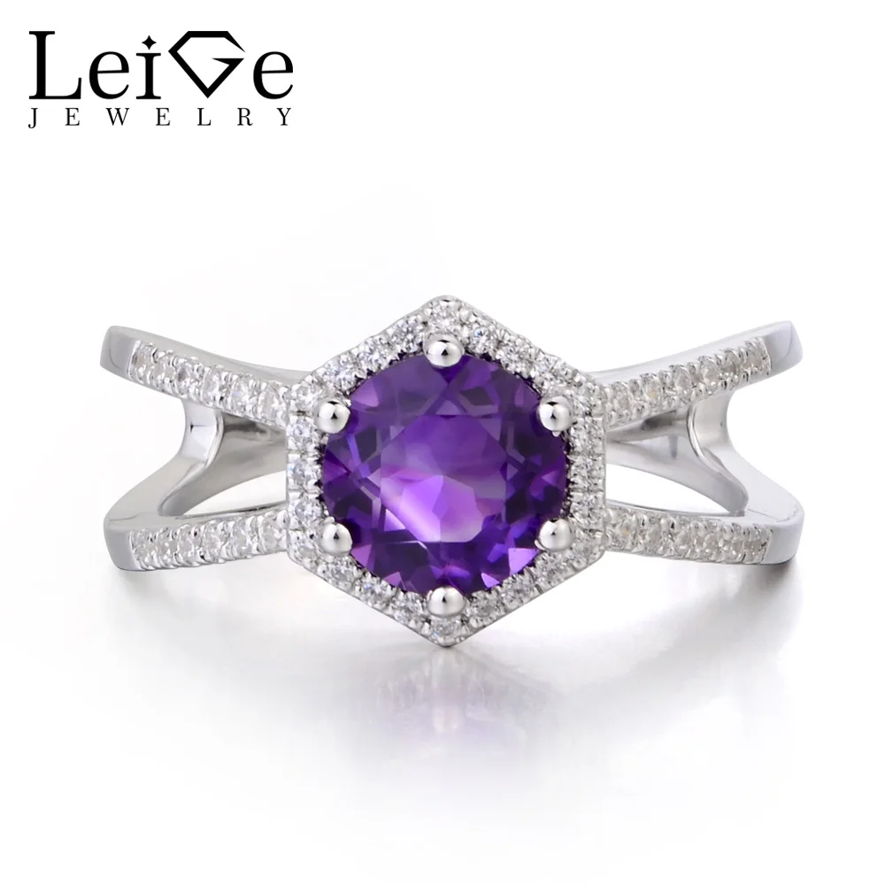 Leige Jewelry Natural Amethyst Ring Promise Rings Round Cut February