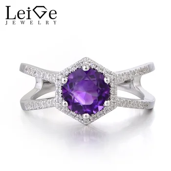 

Leige Jewelry Natural Amethyst Ring Promise Rings Round Cut February Birthstone Purple Gemstone 925 Sterling Silver Ring for Her