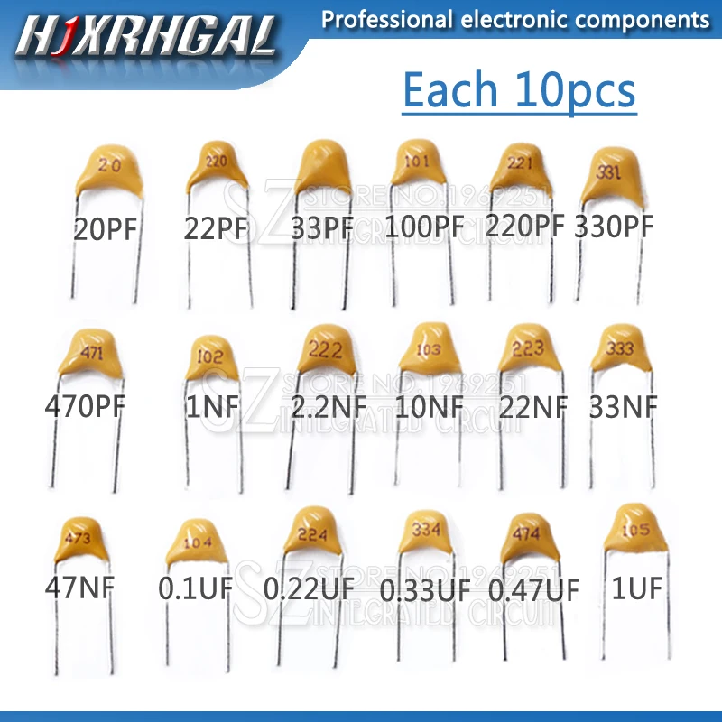 

18valuesX10pcs=180pcs 20PF-105(1UF) Mono Monolithic Ceramic Capacitors 50V component diy package new original hjxrhgal