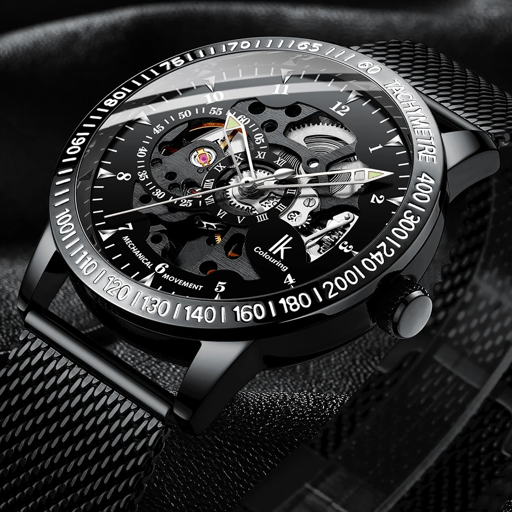 

2019 Top Brand Luxury Men Watches IK Colouring Watches Men Mesh Band Automatic Mechanical Watches Fashion Black Skeleton Watches