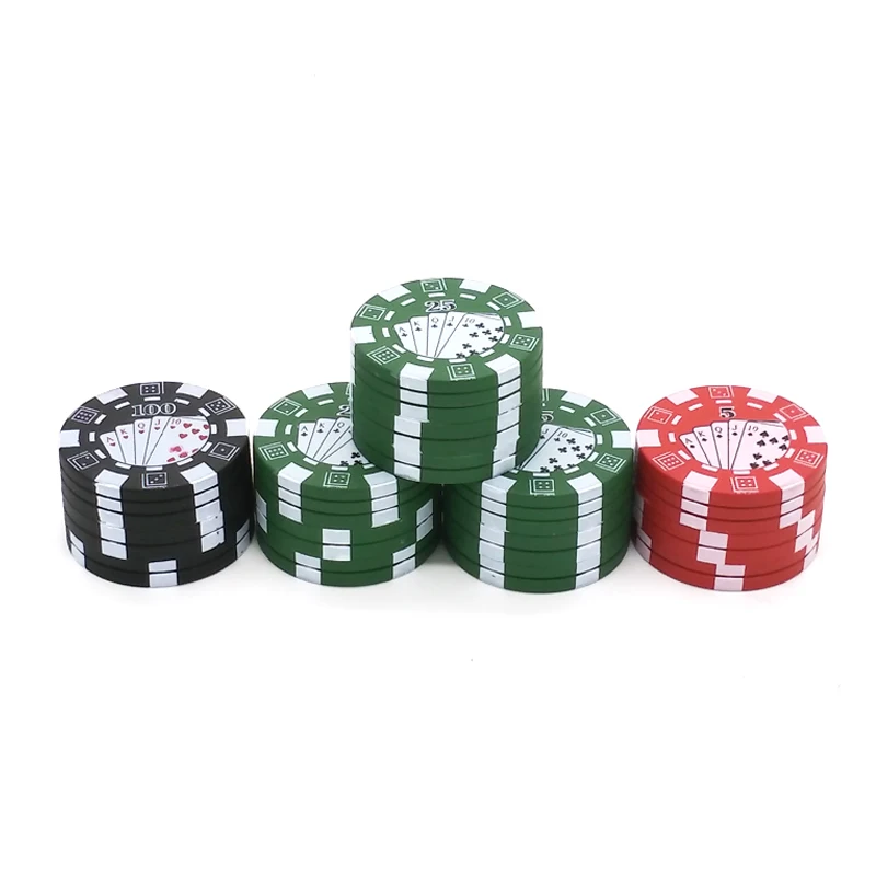 Poker Chip Herb Grinder Metal, 40mm Diameter & 3 Layers in Green, Red