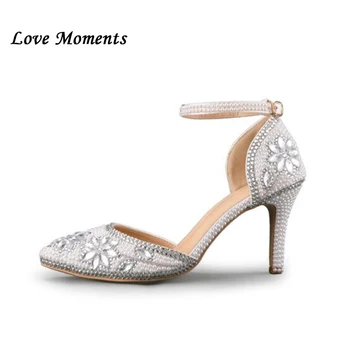 

new crystal bride shoes 8cm heel pointed toe ankle strap party dress shoes color block flower design womens Pumps Summer shoes