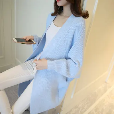 Women Long Cardigans Autumn Winter Stitch Poncho Knitting Sweater Female Over sized Shawl Cape Jacket Coat Trench Parkas - Цвет: Light blue