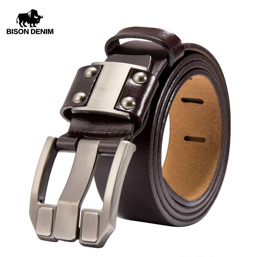 BISON DENIM Men's Jeans Belts Pin Buckle Cowhide Genuine Leather Belts