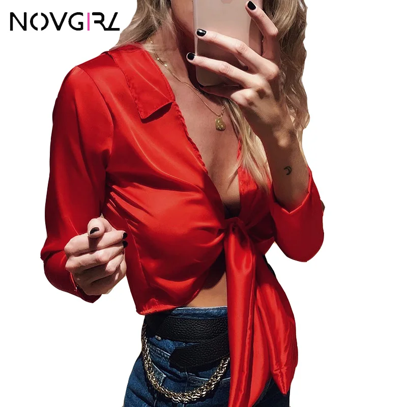 

Novgirl Sexy Bow V Neck Satin Silk Blouse Shirts Women 2019 Long Sleeve Office Lady Solid Cropped Tops Streetwear Female Blusa