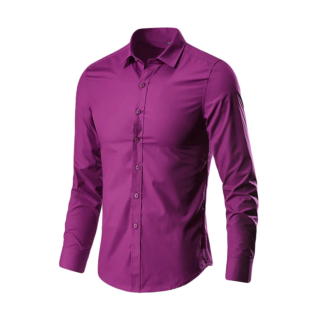 Мужские повседневные рубашки, осень, новая мода, чистый цвет, мужские, длинный рукав, хлопок, облегающие, для досуга, стили, рубашки в деловом стиле - Цвет: Hot Pink
