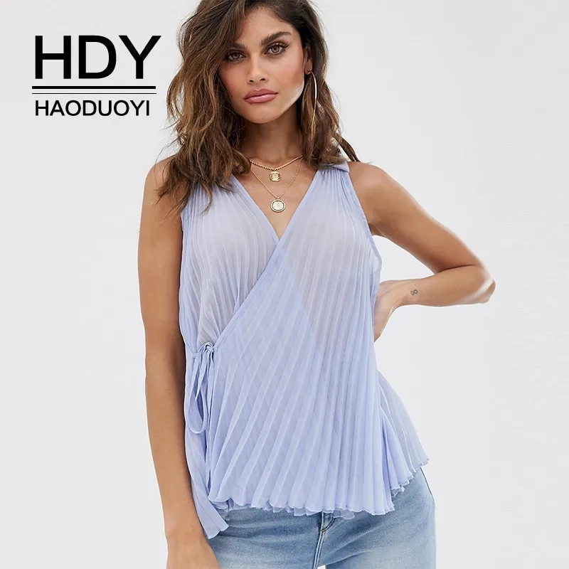 

HDY Haoduoyi 2019 New Arrival Western Style Simple And Stylish Solid Color Perspective Piano Shirt Cross Strap Sleeveless Tops