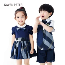 Детская одежда, комплект детской одежды синего цвета рубашка в клетку с синим Шорты комплект для мальчиков; сезон лето комплект для девочки школьная форма брат и сестра одежда От 3 до 7 лет