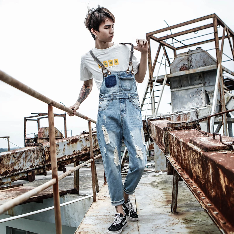 

Japanese Hole Denim Nine pants Men's tide Korean version of the Locomotive Overalls Bib Size S-XL XXXL
