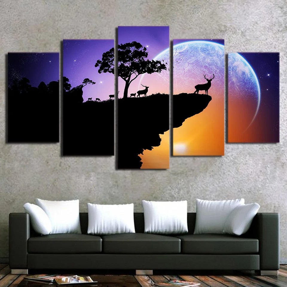 

Modular HD Pictures Posters Wall Art 5 Pieces Moon Under The Animal Deer Landscape Paintings Home Decor Canvas Printed Framework