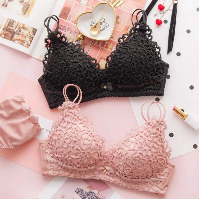 

2019 New Women Fashion Lace Ruffle Hollow Out Bra Sets Adjustable Straps Bralette Soft Panties Push Up Underwear Lingerie Set