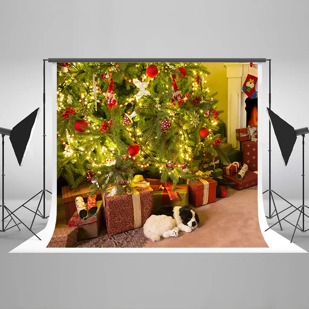 

Christmas Photo Background Christmas Tree Ball Computer Printing Backdrops Pet Dog Gift Box Backgrounds for Photography