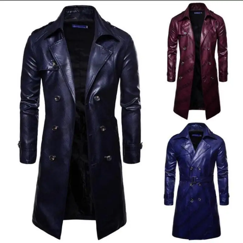 

Men Winter Warm Trench Jackets Homme Mens New Fashion Long PU leather Trench Coat Autumn Long Jacket For Men Slim Fit Coat Mens