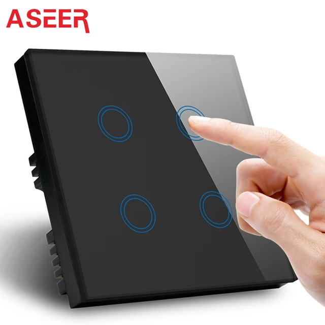 ASEER Free Shipping UK Standard Touch Screen Switch 4Gang 1Way 1000W