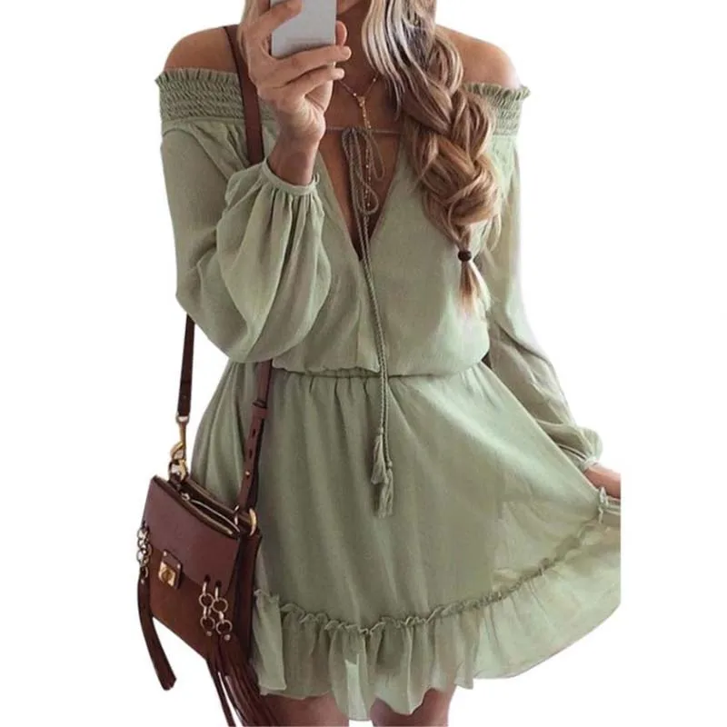 

Women's One Shoulder Waist Lantern Sleeve Stitching Chiffon Dress Female