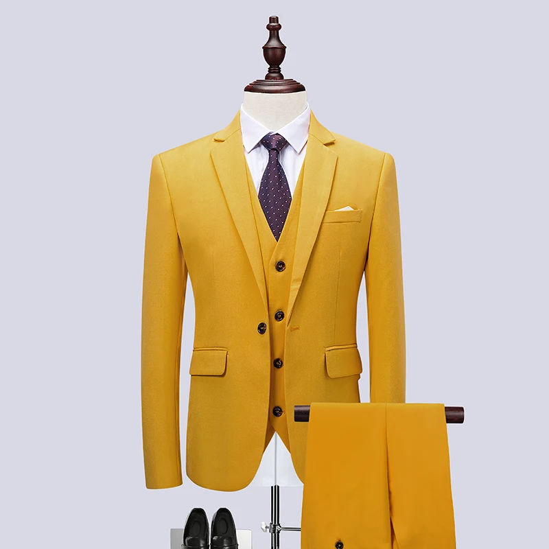 

2019 new men's large size suit solid color slim three-piece suit, fashion business casual men's overalls groom wedding dress 6XL