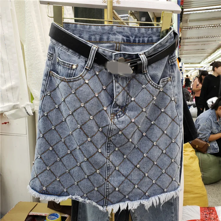 Women Skirt Cotton Denim Skirts High Waist Diamond Drill Jeans Skirt All Match Cowboy A-Line Mini Skirts