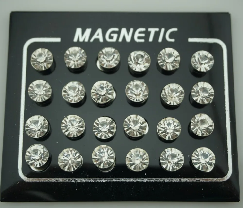 

12 Pair(24pcs)/lot 3/4/5/6/7mm Round Crystal Rhinestone Magnet Stud Earring Puck Womens Mens Magnetic Fake Ear Plug Jewelry