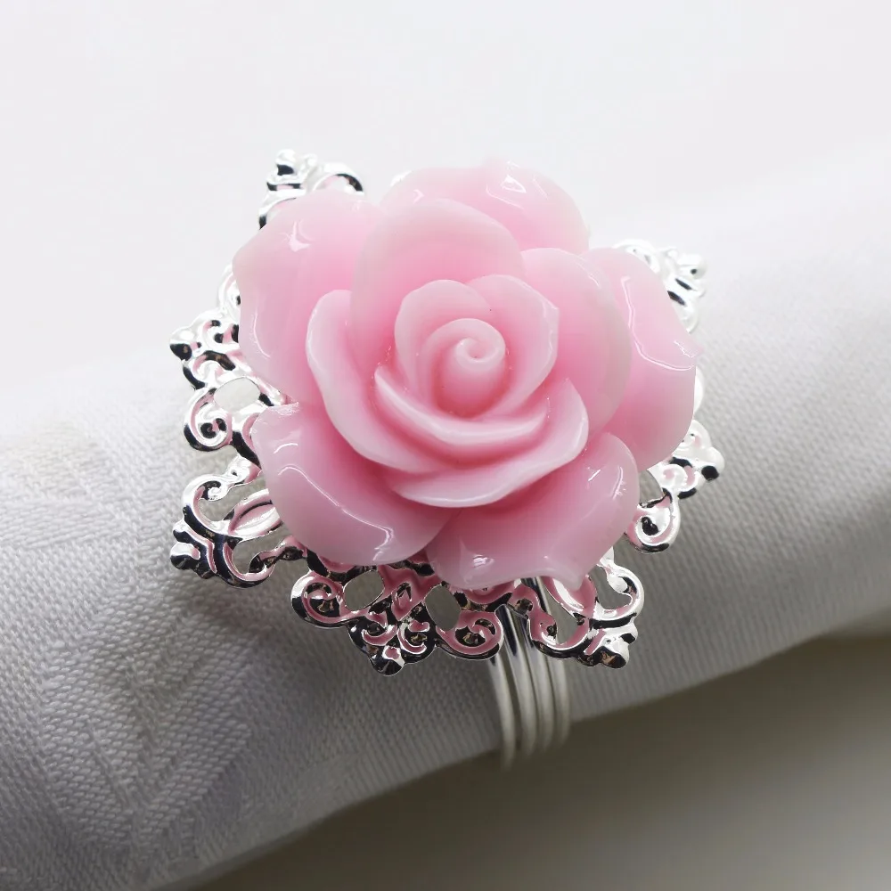 New 6pcs/ 10pcs pink Resin Rose Napkin cloth Decorative deduction Table Banquet Dinner Ring Party Entertain Wedding Napkins