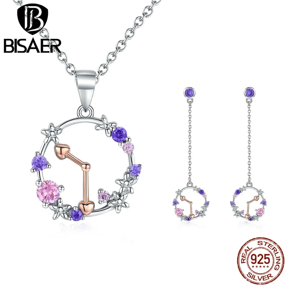 

BISAER Dazzling 925 Sterling Silver Colorful Round Flower Clock Necklace & Finger Ring Jewelry Sets Engagement Wedding HPS095