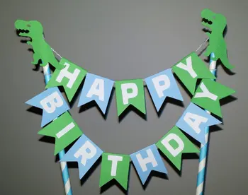 

Dinosaur Happy Birthday Cake Topper Birthday Party Decorations Kids Paper Dinosaur Cake Banner Party Supplies Green and Blue