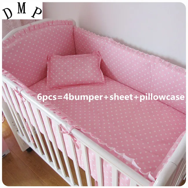 

Promotion! 6PCS pink dot Baby Bedclothes For Cot and Cribs Washable Baby Bedding Set (bumpers+sheet+pillow cover)