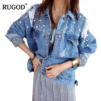 

RUGOD 2018 Elegant Beading Ripped Hole Cowboy Jeans Jacket Women Long Sleeve Bomber Jackets Casual Spring Denim Jackets Befree