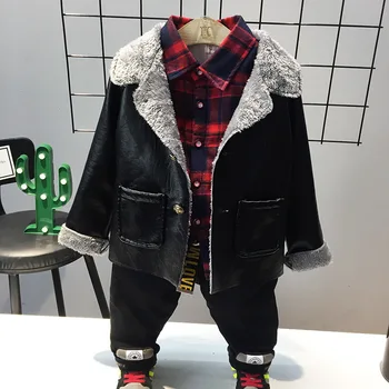 

Winter Children's Jackets PU Leather Boys Lambswool Coats Plus Velvet Warm Children's Outwear Kids Tracksuit Locomotive Jackets