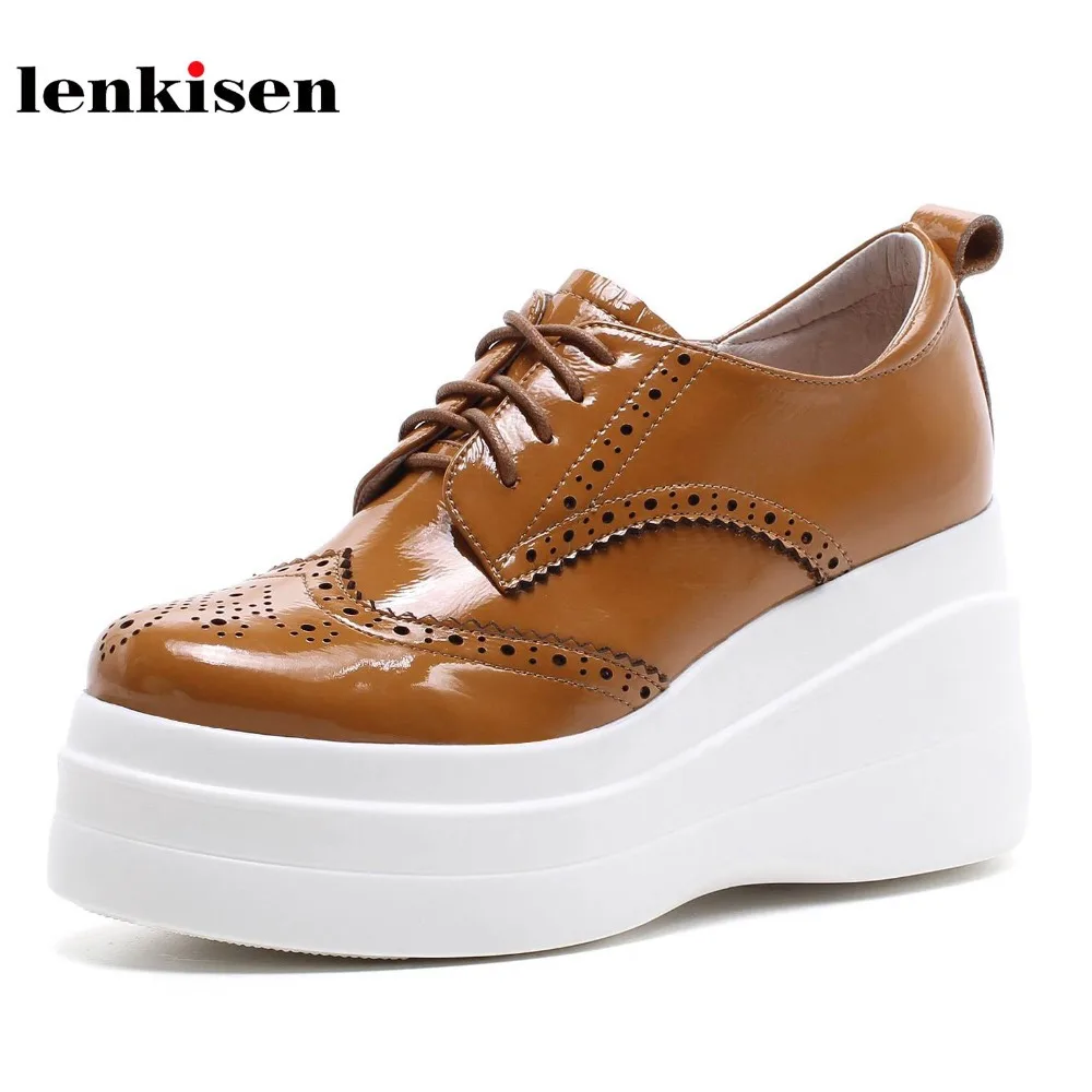 

Lenkisen 2018 cow leather lace up platform European style shoes solid high fashion super high heels women vulcanized shoes L11