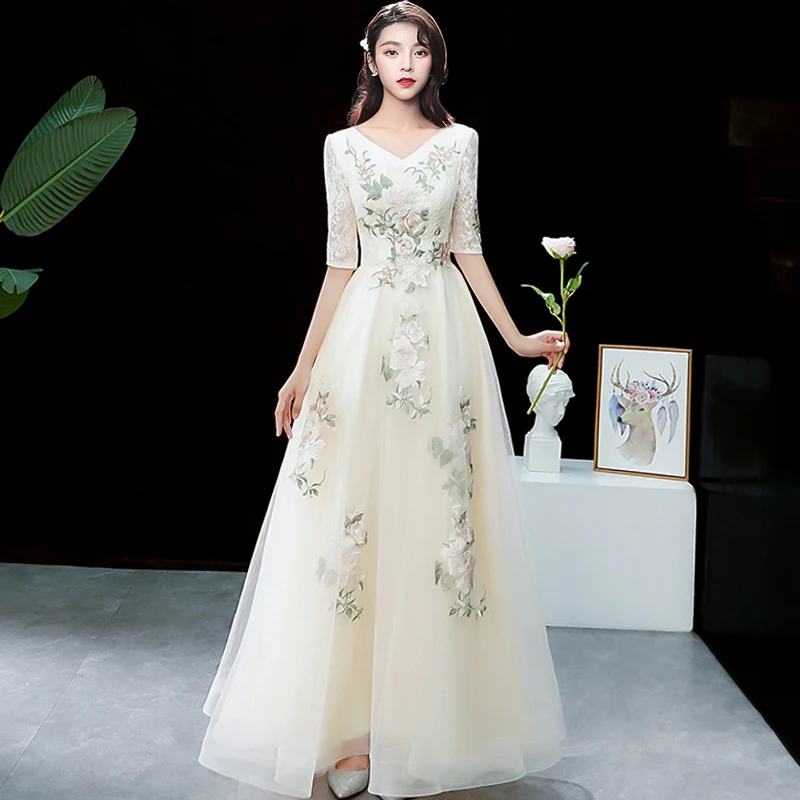 

In Stock Champagne V-neck Embroidery Bridesmaid dresses Robe demoiselle d'honneur Vestido madrinha Wedding guest dress Party