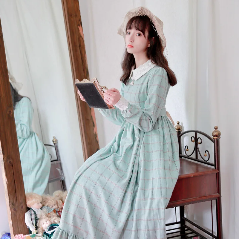 

winter autumn light green plaid wool dress woman full sleeve ankle length retro plus long thick woolen high waisted dress