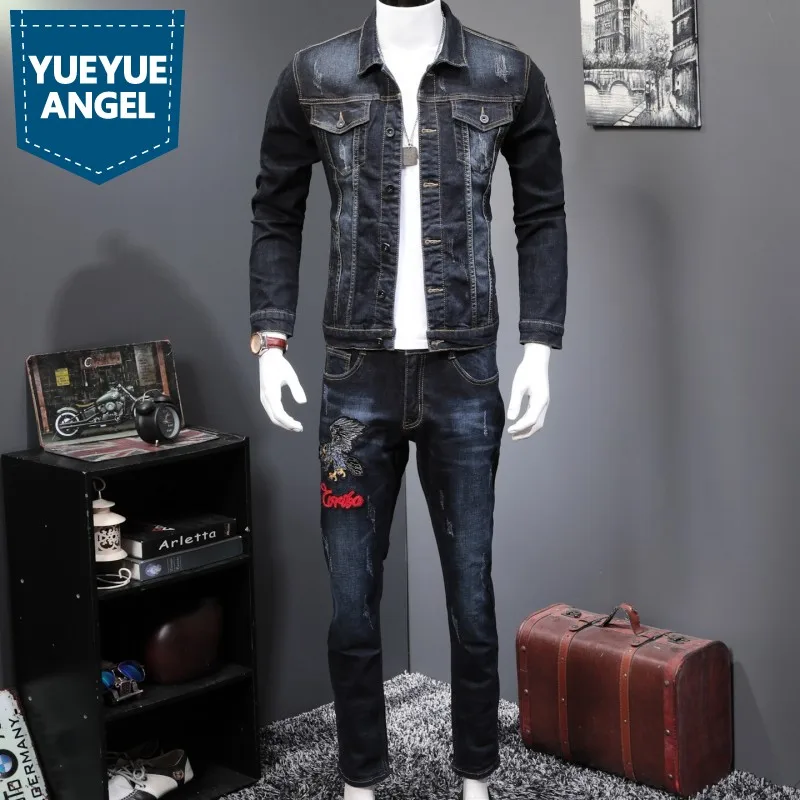 

Spring 2019 New Fashion Men's 2 Piece Sets Vintage Embroidery Long Sleeve Slim Denim Jacket Coats And Jeans Pants Man Clothes