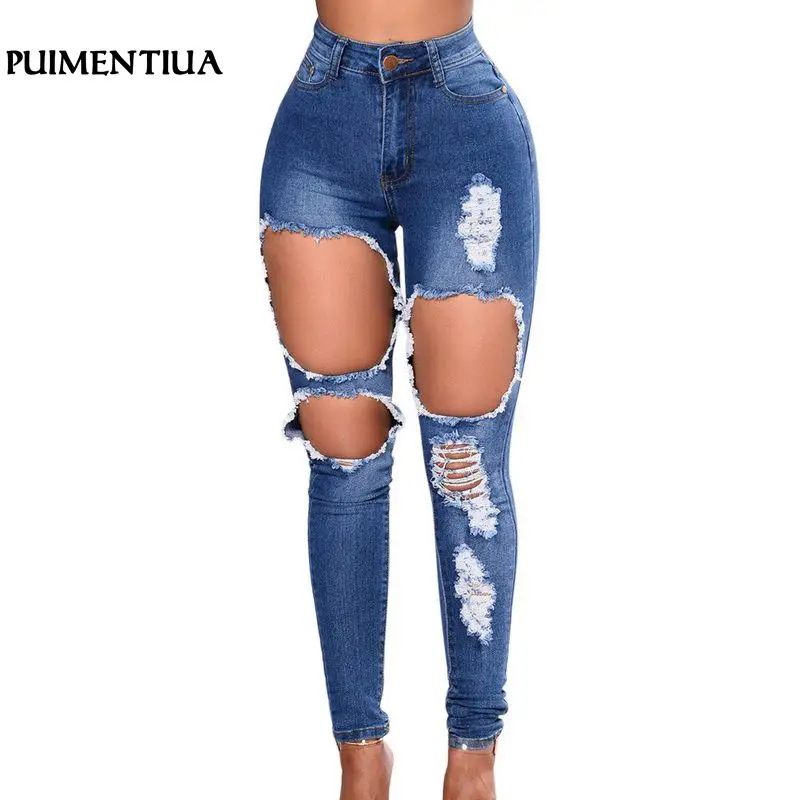 

Puimentiua Women Skinny Jeans Hole Ripped Stretch Elastic Pencil Pants Push Up High Waist Denim Jeans Plus Size Mom Trousers