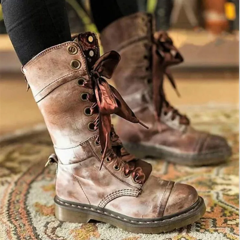 

LAKESHI Brand Fashion Leather Martin Boots Women Shoes Over Knee Long Boots Lace Up Autumn Winter Retro Knight Boots Size 35-43