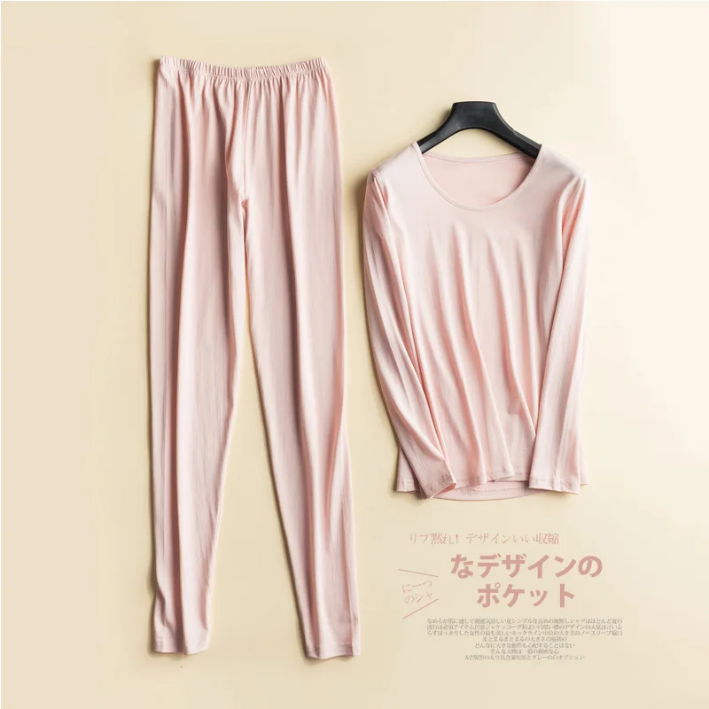 

Silk long john cotton thin solid roundn neck plus size female basic undershirt elastic wasit long pants set