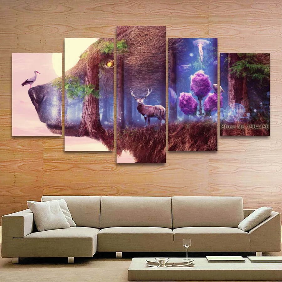 

5 Panel Canvas Painting Bear Deer Animal Forest Modular Picture HD Prints Artwork for Wall Living Room Home Decoration
