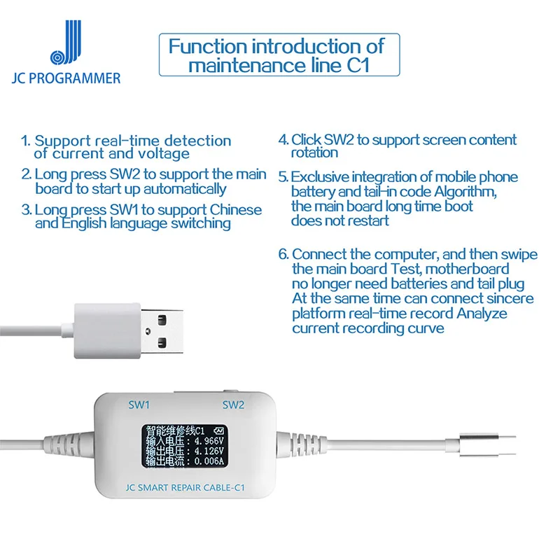 JC C1 Smart Repair Cable iPhone Current and Voltage Detector for iPhone 6 6s 7 8 8P X Motherboard Fault Charging Rooting Repair