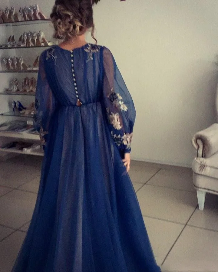 Robe de soiree Дубай Королевская Синяя Длинные рукава Вечерние платья Длинные Abiye Золотые Аппликации мягкий тюль вечернее платье