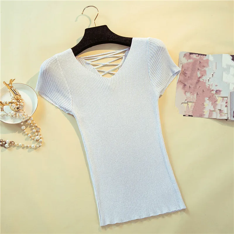 Neploe, одноцветные, вязаные, на шнуровке, женские футболки, новинка, короткий рукав, яркая шелковая футболка, летняя, v-образный вырез, модная, тонкая футболка 67365 - Цвет: 67365 white