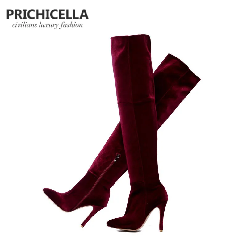 Ботинки Узкие Эластичные на высоком каблуке Красного вина|stretch thigh high boots|thigh bootsboots