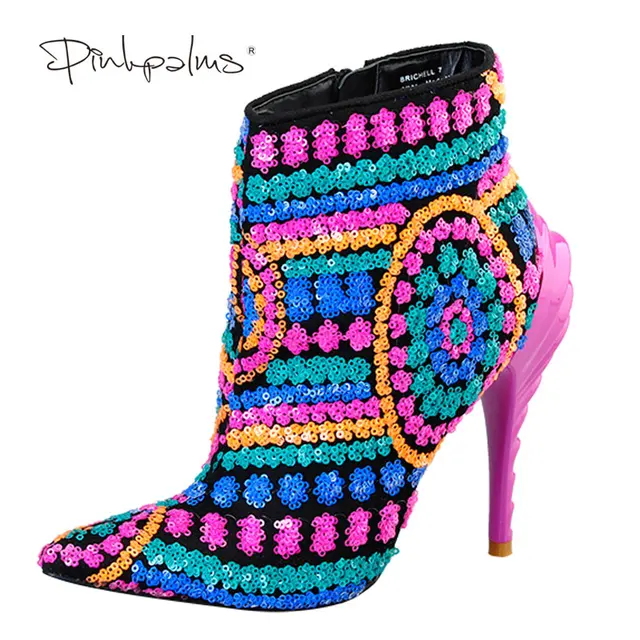 Women New Ankle Sequined BootsPink Palms Multi Cloth Bling Paillette High Heels Rubber Boots For Ladies Women New Ankle Sequined BootsPink Palms Multi Cloth Bling Paillette High Heels Rubber Boots For Ladies