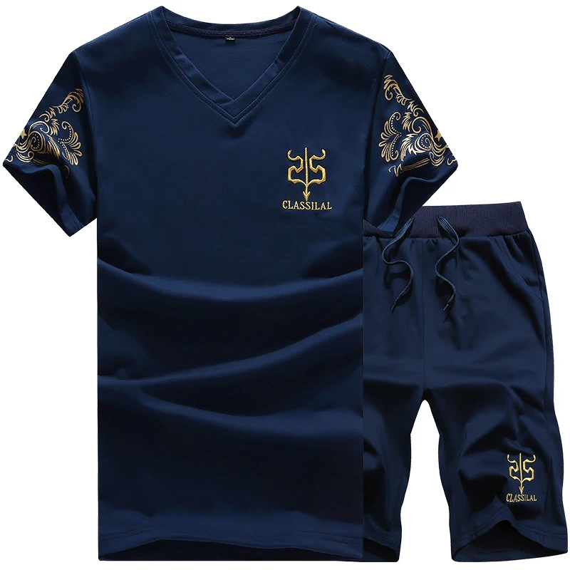 

Summer new men's V-neck embroidery T-shirt set boutique solid color casual shorts suit large size fashion casual sports suit men