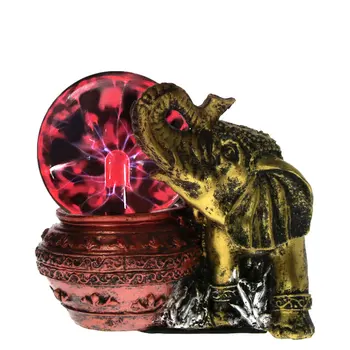 

Gold Elephant Figurine Statue with Magic Plasma Ball Lightning Crystal Globe Touch Nebula Desktop Resin Sculpture Decoration