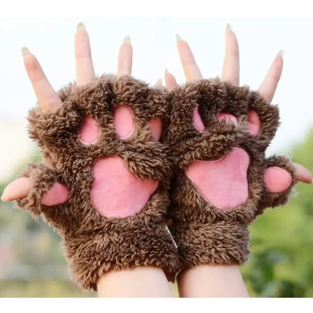 1Pair Women Girls Winter Warm Soft Bear's Paw Furry Thicking Half Finger Gloves Fluffy Mitten Cute For Daily Life
