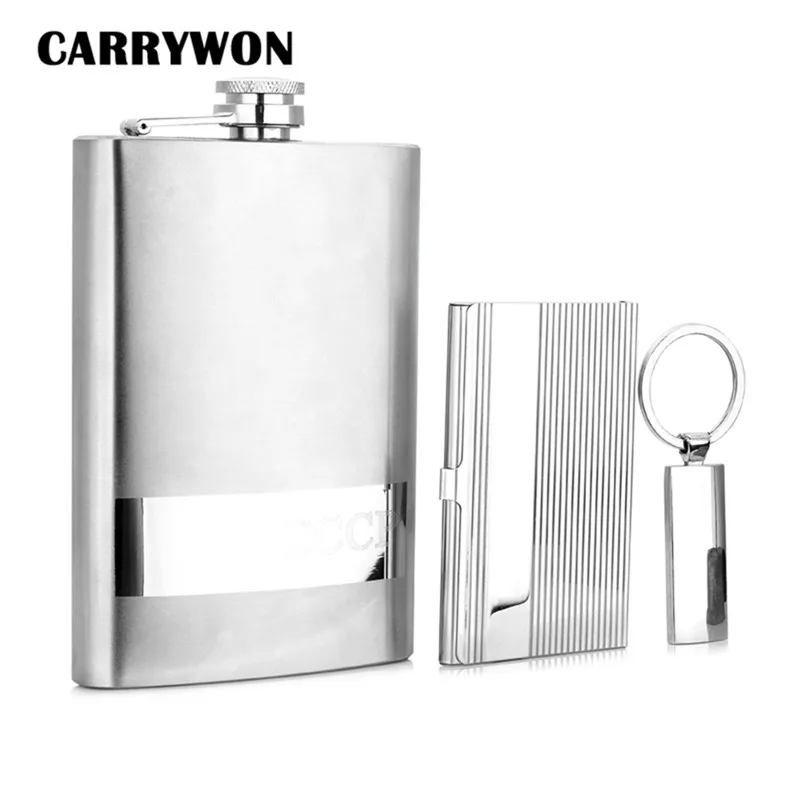 

CARRYWON 9oz Portable Stainless Steel Hip Flask Card-case Keychain Set High Quality Whiskey Flask Gift For Best Friend