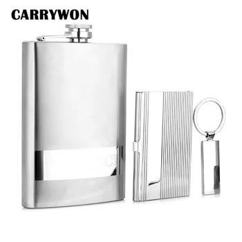

CARRYWON 9oz Portable Stainless Steel Hip Flask Card-case Keychain Set High Quality Whiskey Flask Gift For Best Friend