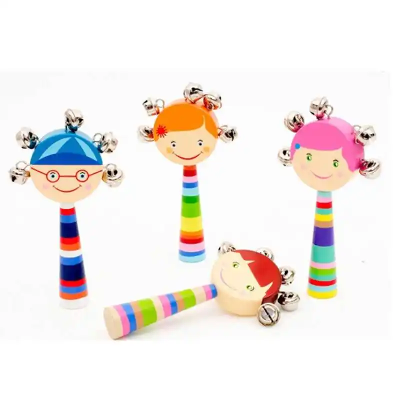 1pcs Wooden Cartoon Stick 5 Jingle Bells Rainbow Hand Shake Bell Rattles Baby Kids Children